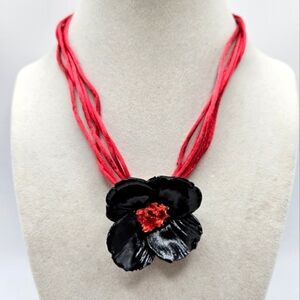 NEW VINTAGE Lisner 3D Poppy Flower Pendant Silk Cord Choker Necklace